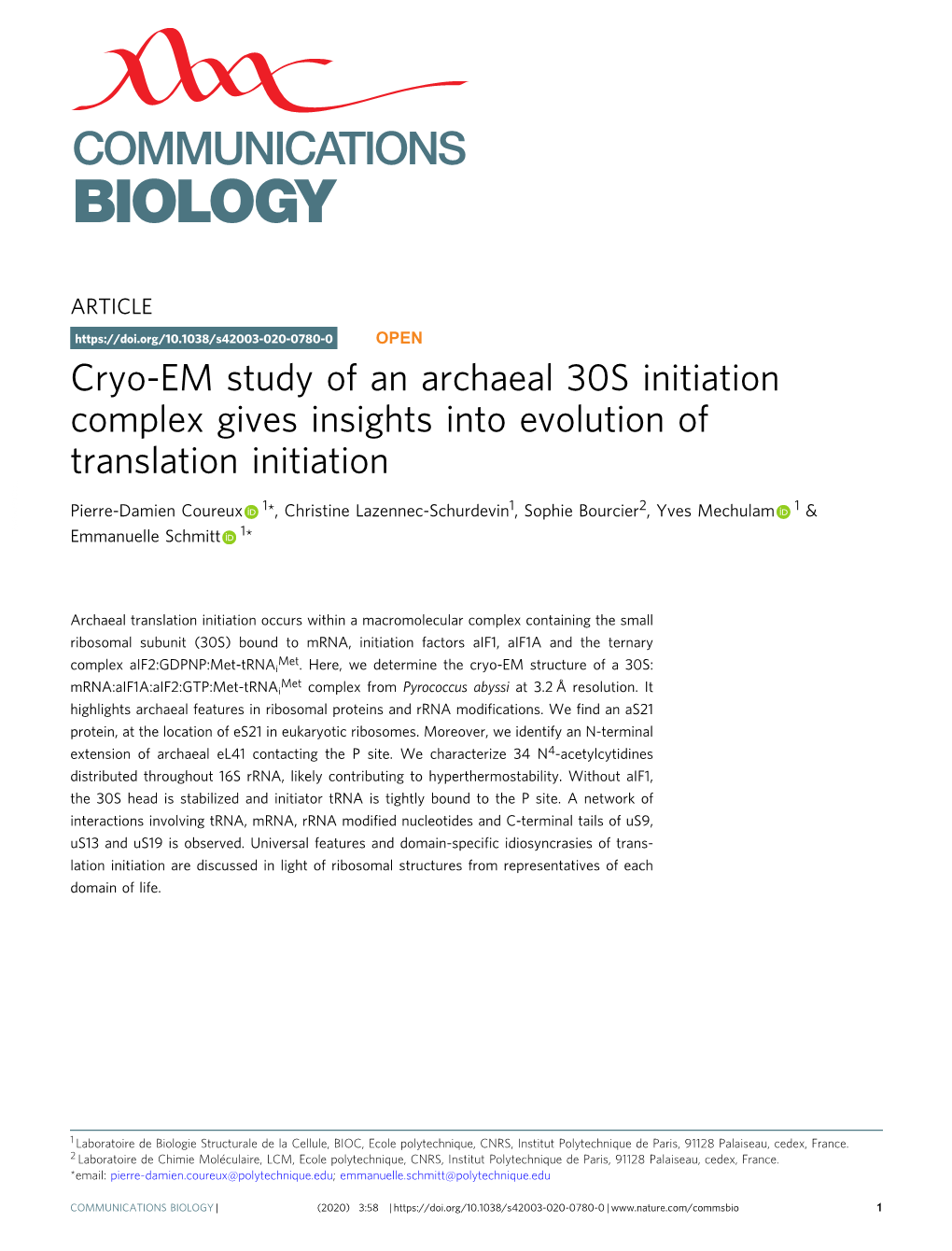 Cryo-EM Study of an Archaeal 30S Initiation Complex Gives Insights Into Evolution of Translation Initiation