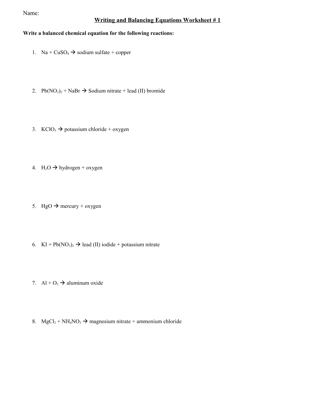 Writing and Balancing Equations Worksheet # 1