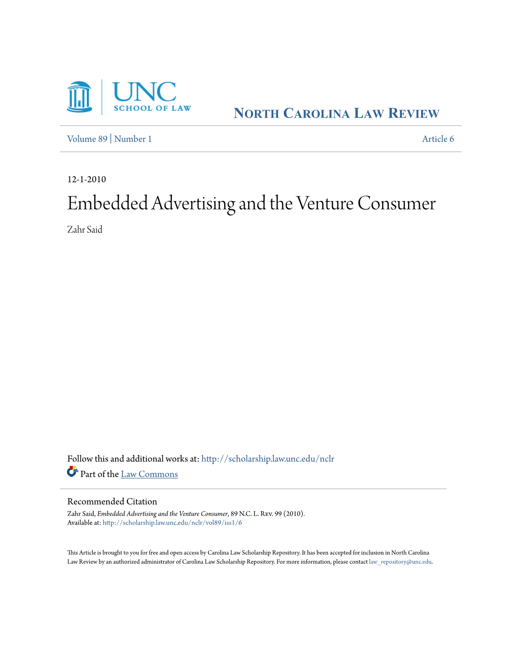Embedded Advertising and the Venture Consumer Zahr Said