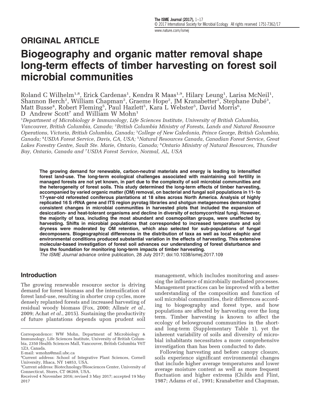 Biogeography and Organic Matter Removal Shape Long-Term Effects of Timber Harvesting on Forest Soil Microbial Communities