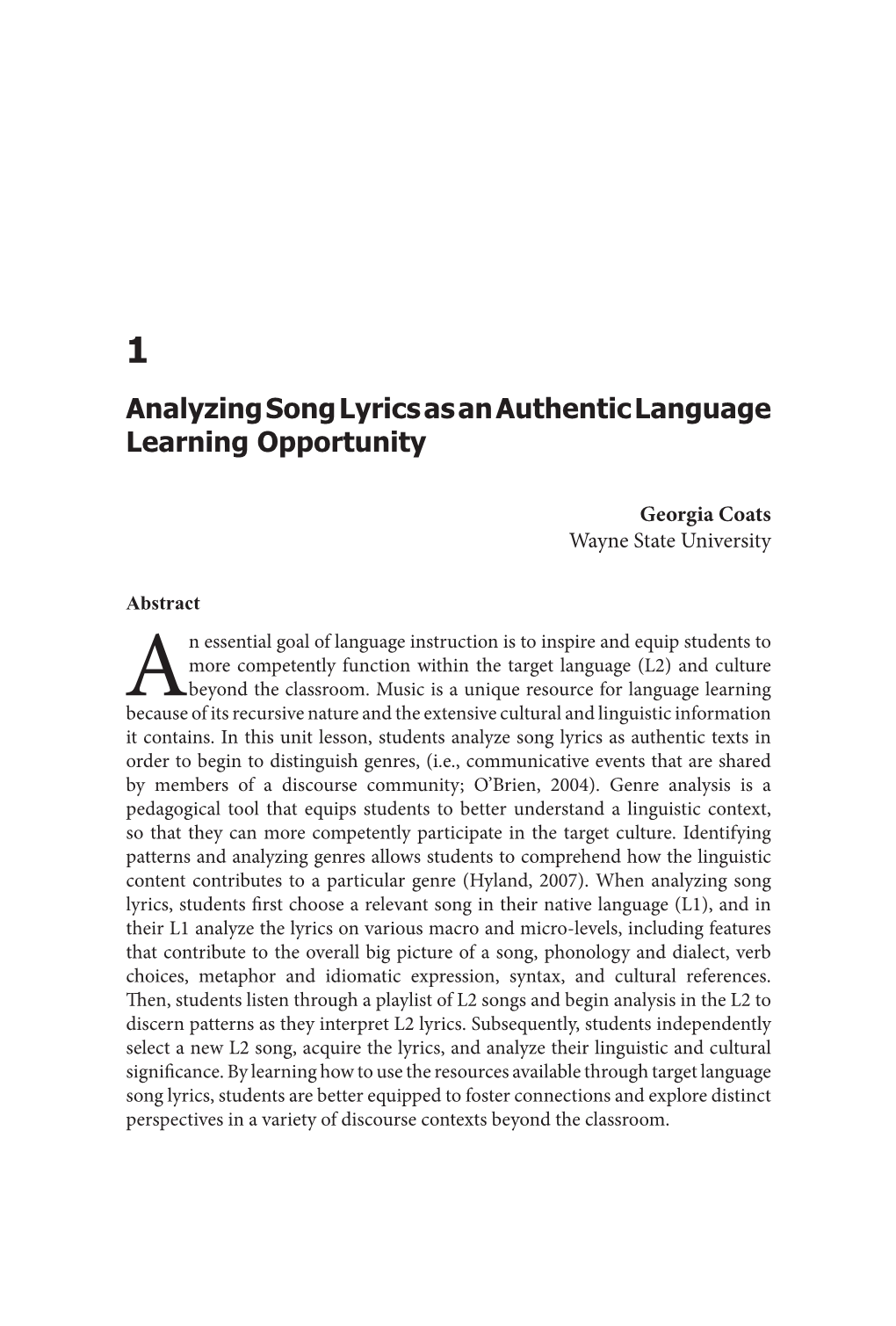 Analyzing Song Lyrics As an Authentic Language Learning Opportunity