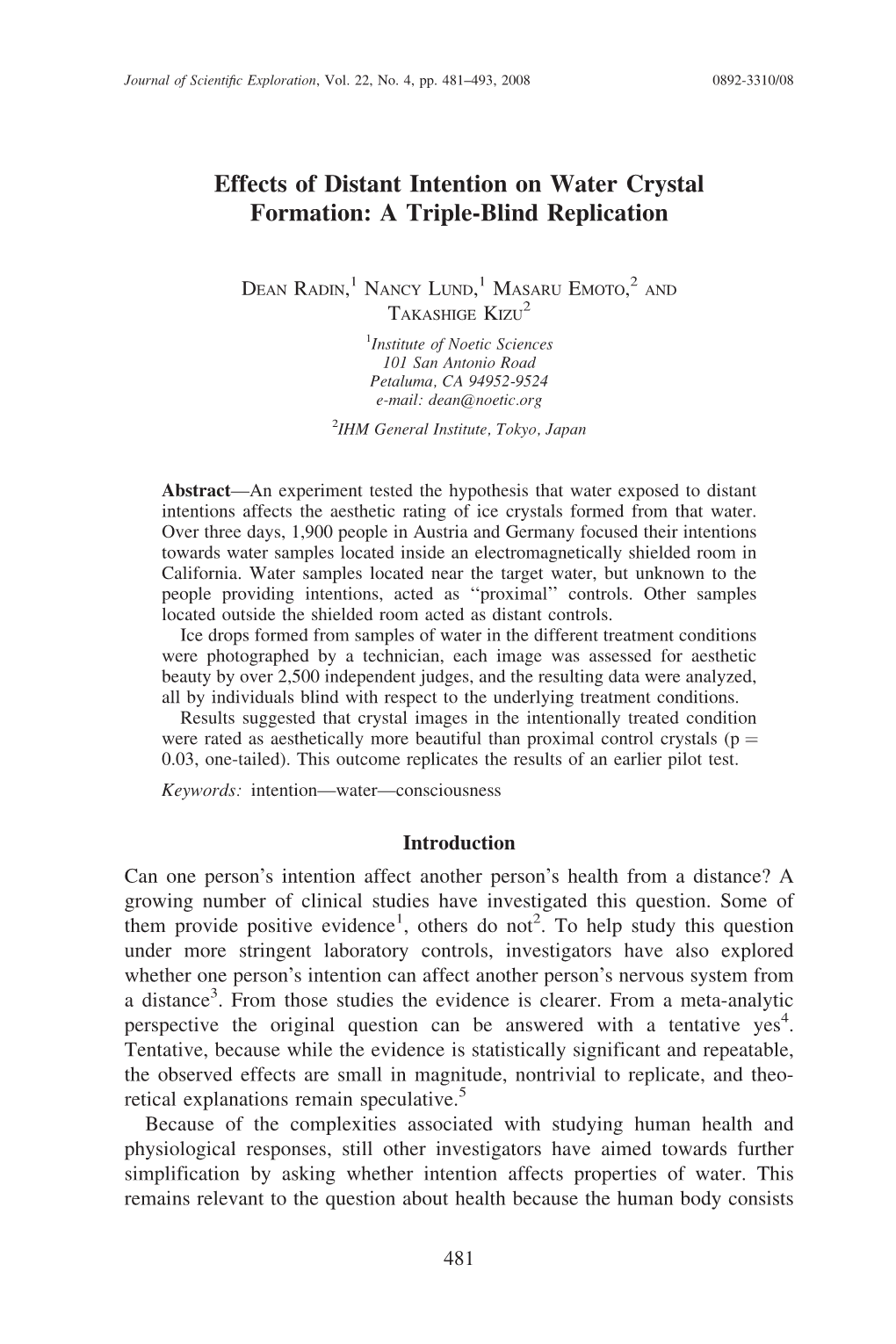 Effects of Distant Intention on Water Crystal Formation: a Triple-Blind Replication