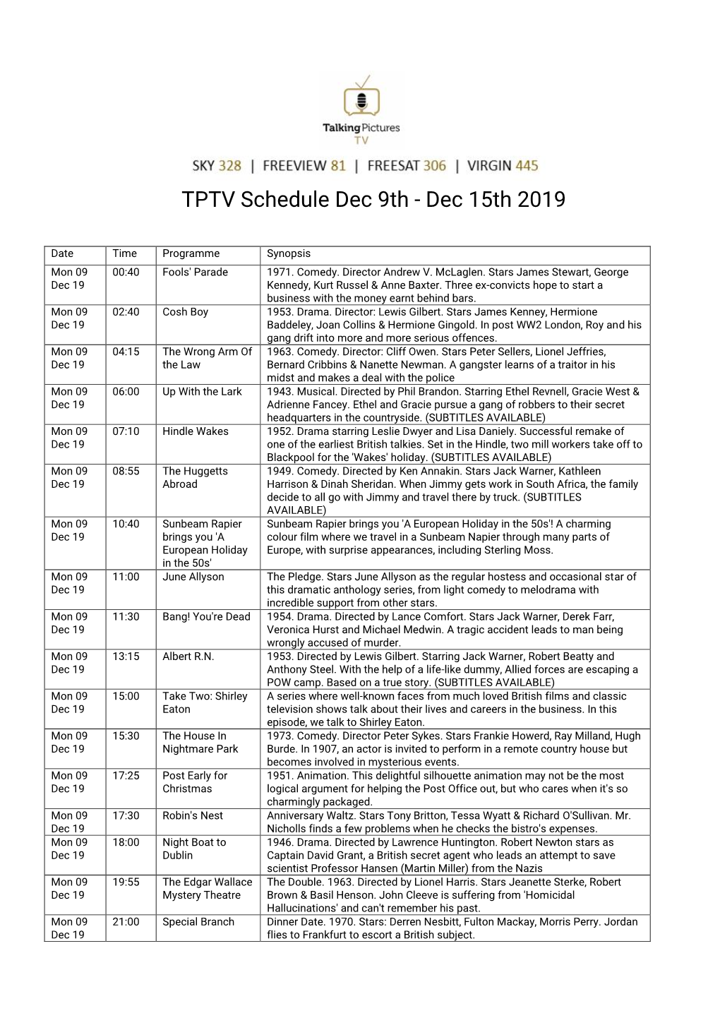 TPTV Schedule Dec 9Th - Dec 15Th 2019