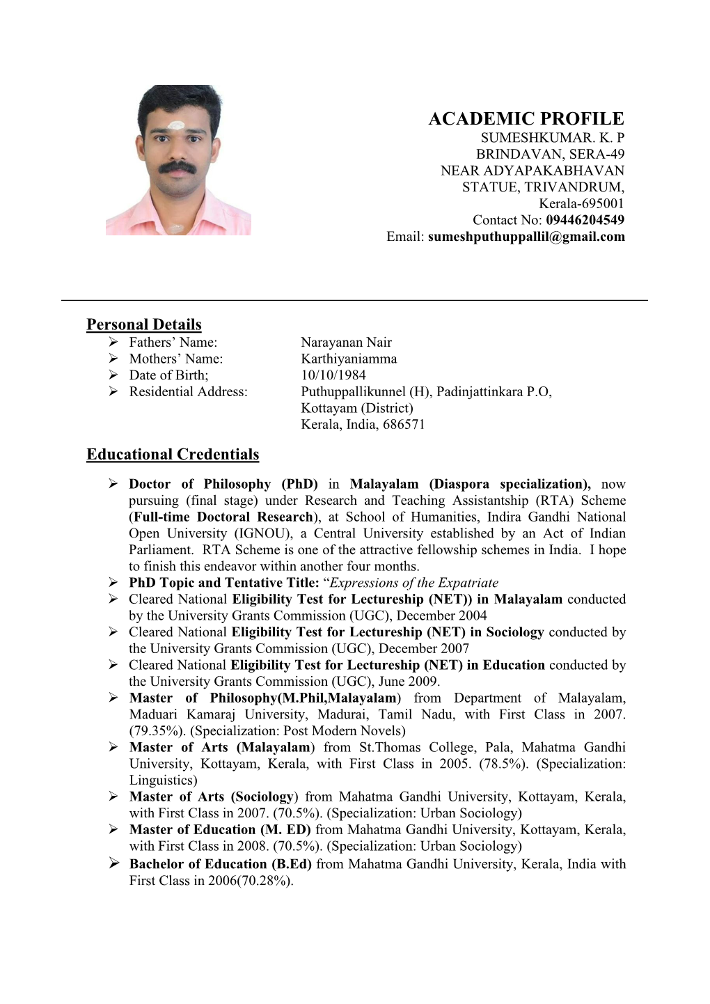 Academic Profile Sumeshkumar