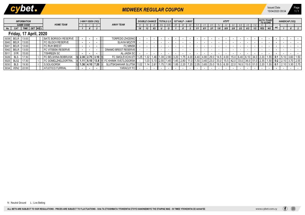 Midweek Regular Coupon 15/04/2020 09:04 1 / 1