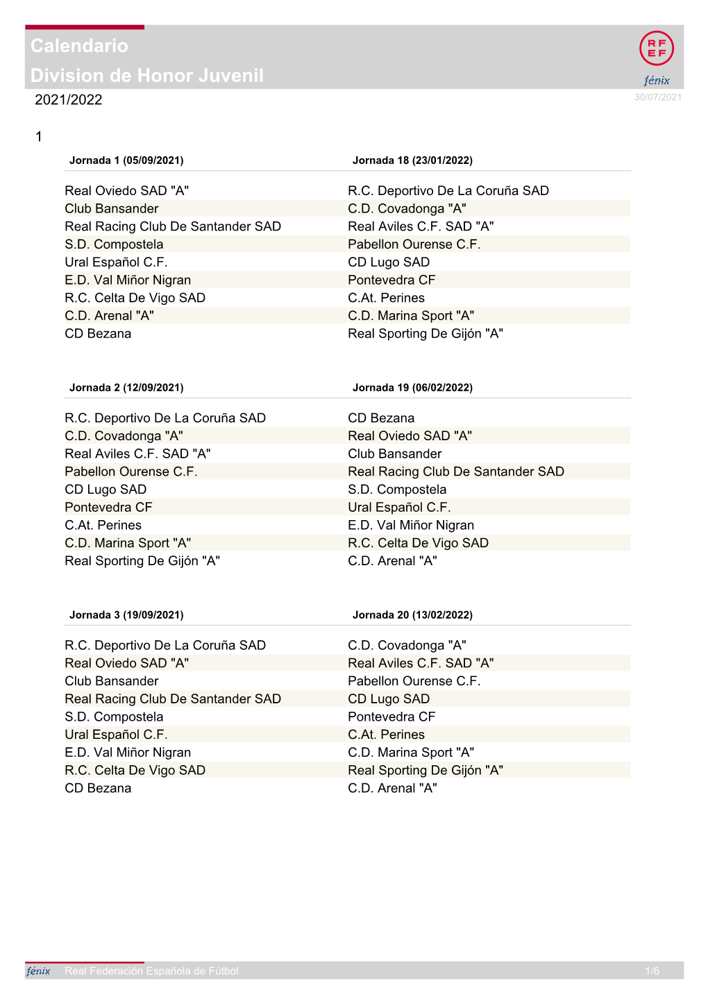 Division De Honor Juvenil Calendario