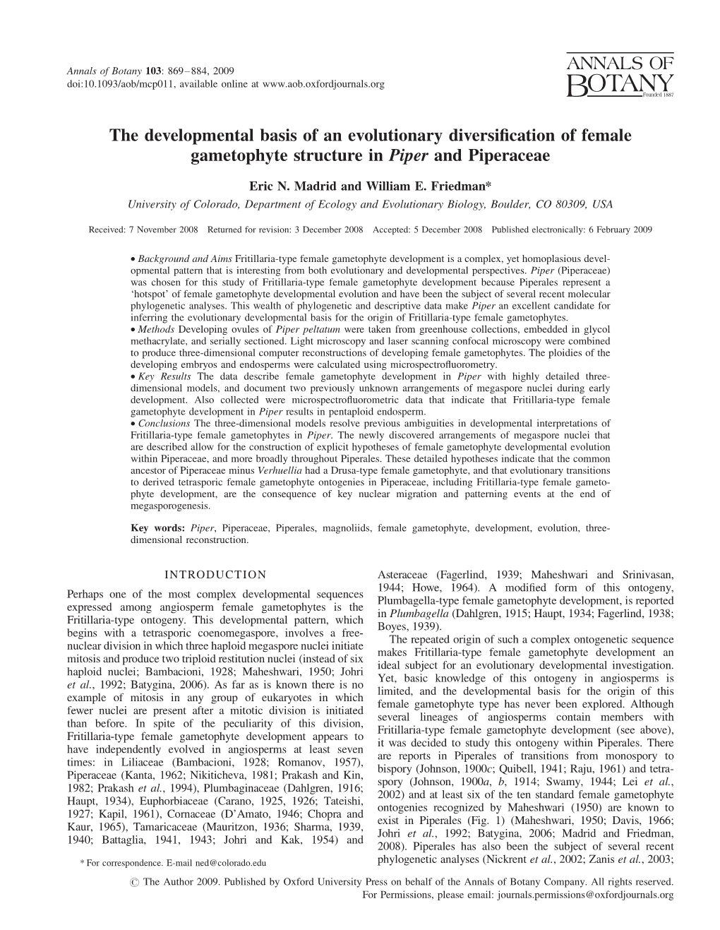 The Developmental Basis of an Evolutionary Diversiﬁcation of Female Gametophyte Structure in Piper and Piperaceae