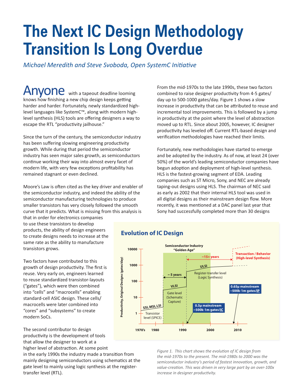 The Next IC Design Methodology Transition Is Long Overdue Michael Meredith and Steve Svoboda, Open Systemc Initiative