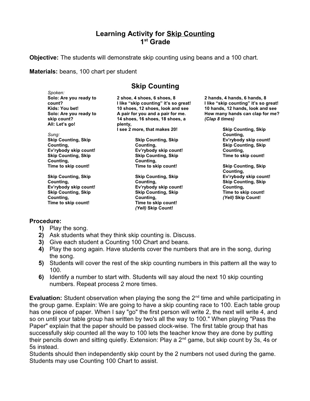 Learning Activity for (Song Title)