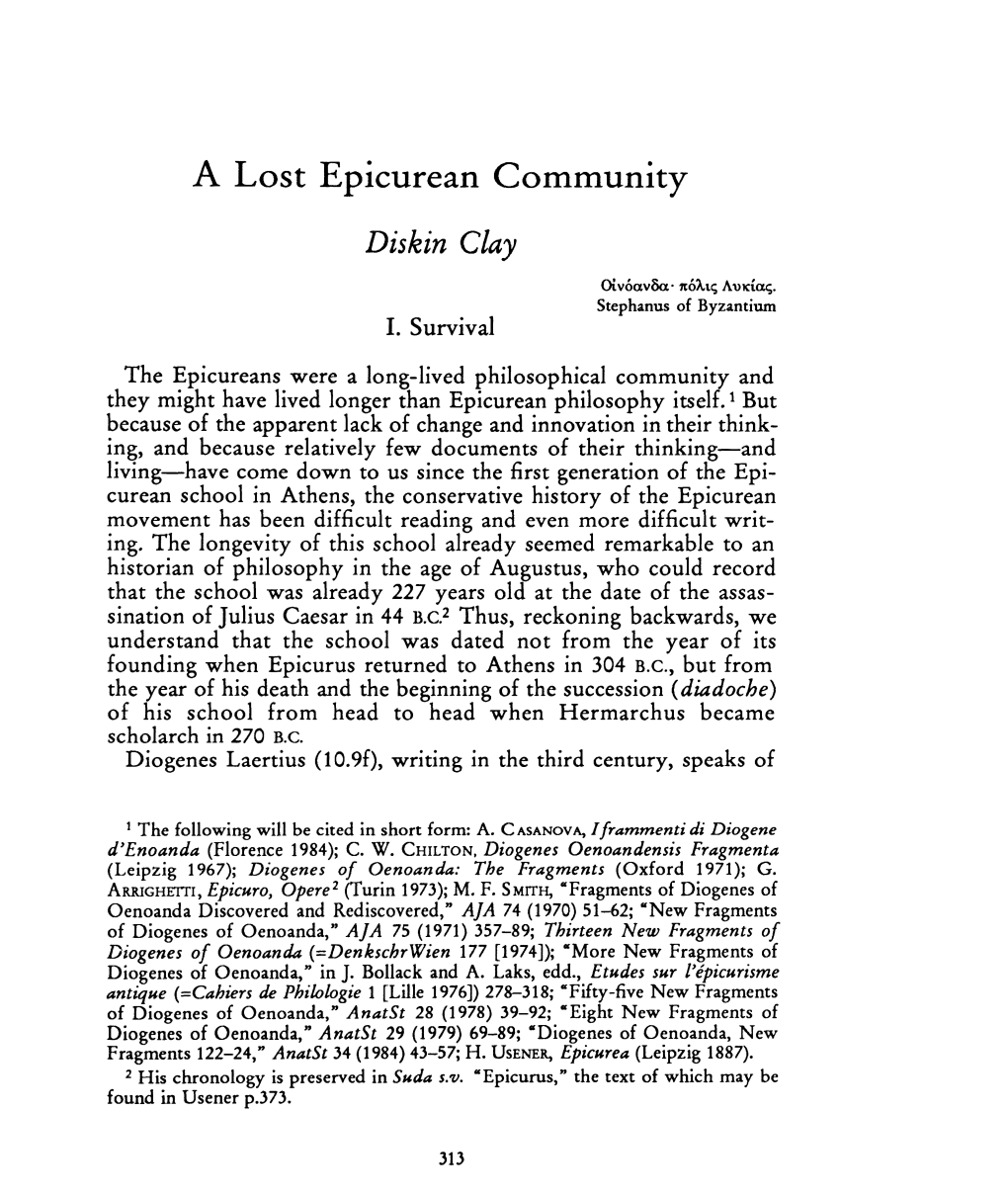 A Lost Epicurean Community , Greek, Roman and Byzantine Studies, 30:2 (1989) P.313