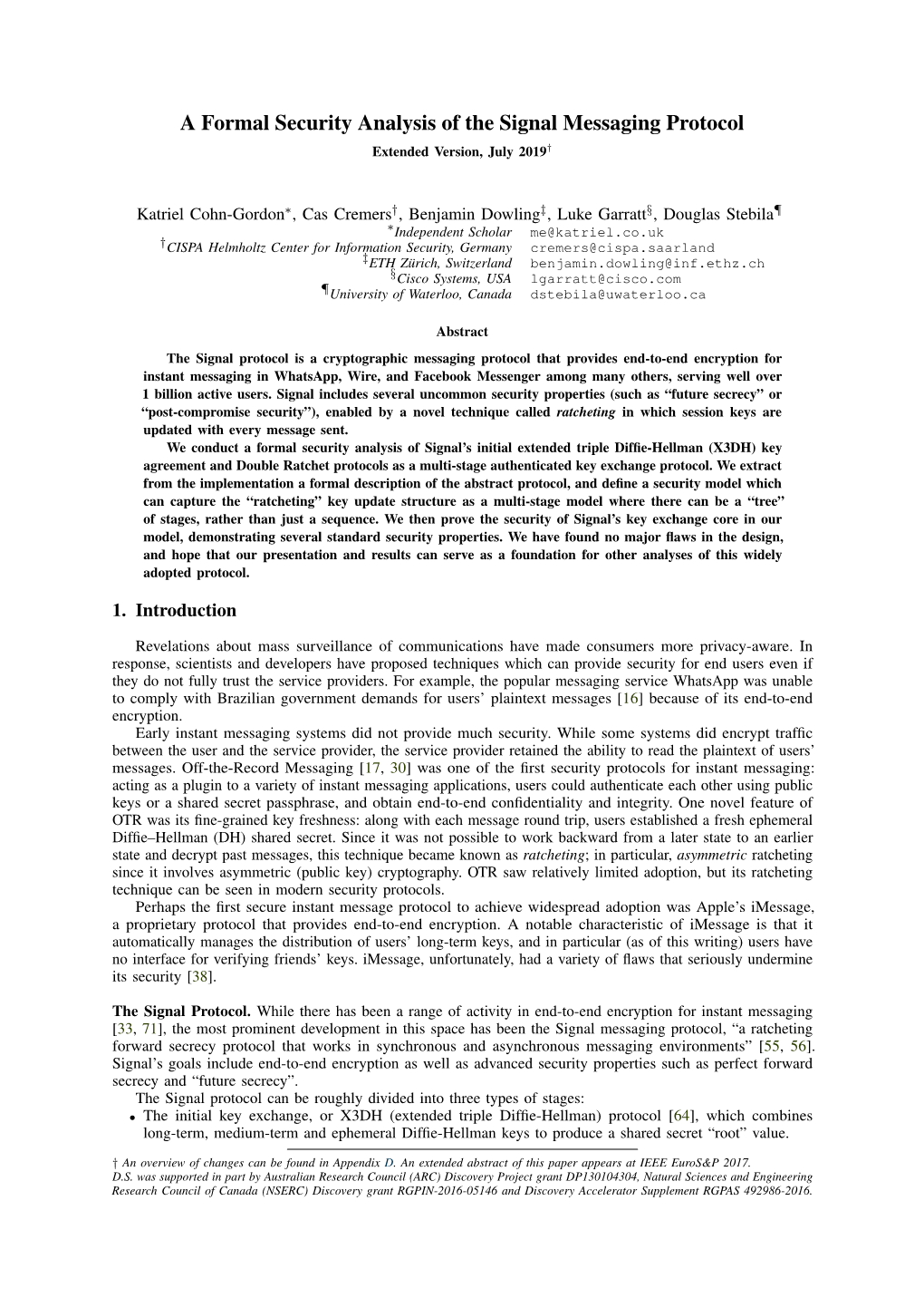 A Formal Security Analysis of the Signal Messaging Protocol Extended Version, July 2019†