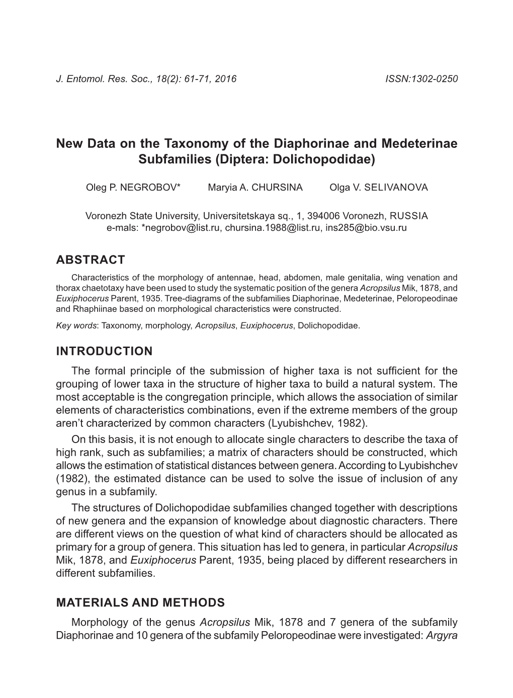 New Data on the Taxonomy of the Diaphorinae and Medeterinae Subfamilies (Diptera: Dolichopodidae)