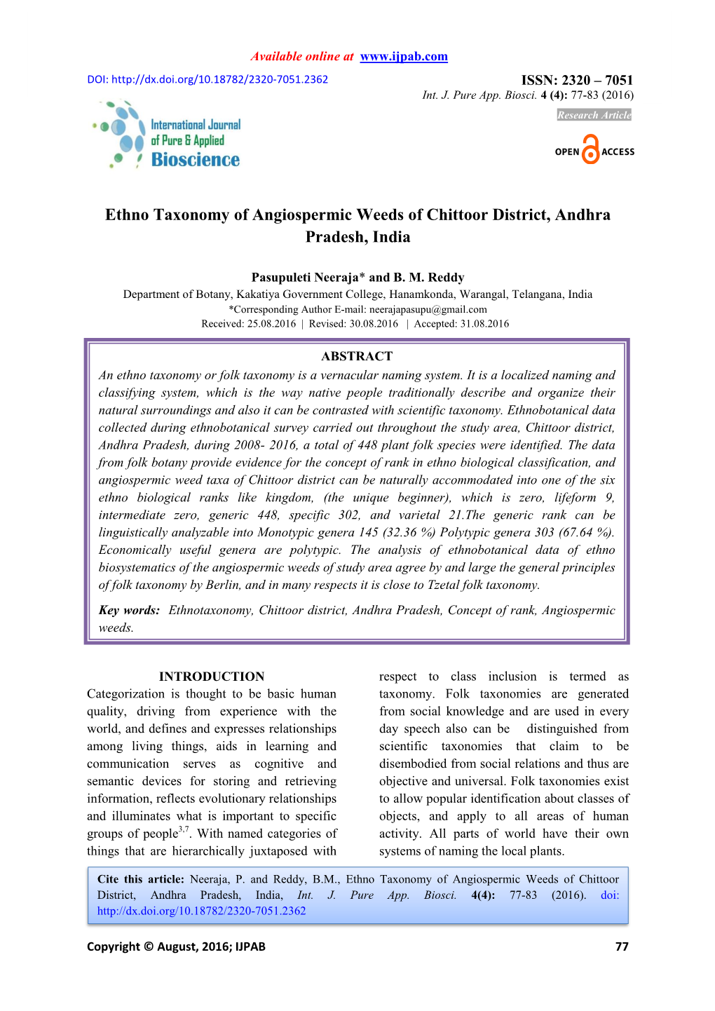 Ethno Taxonomy of Angiospermic Weeds of Chittoor District, Andhra Pradesh, India