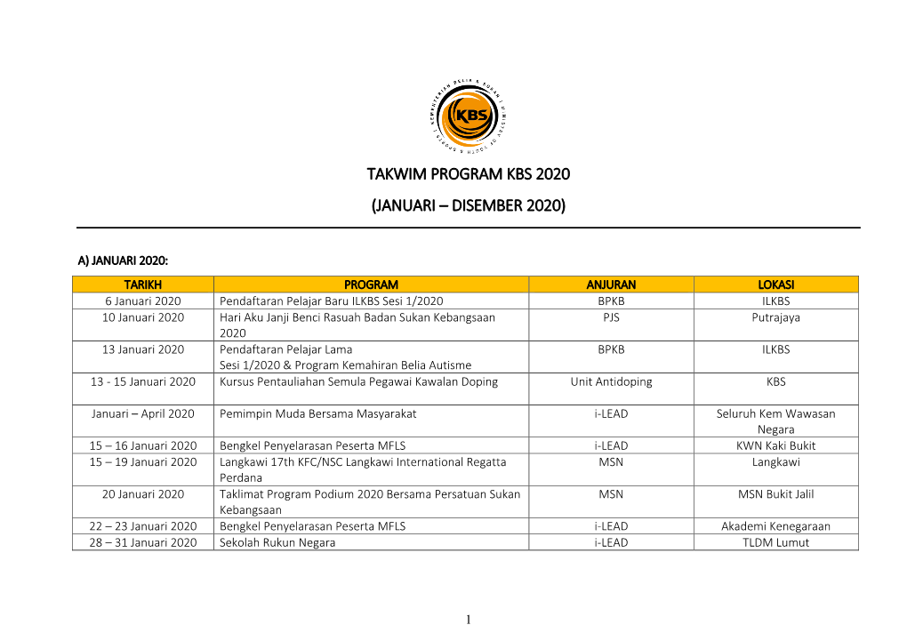 Takwim Program Kbs 2020 (Januari – Disember 2020)