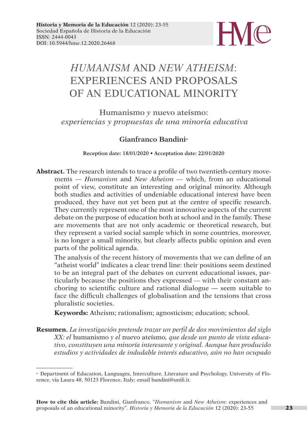 Humanism and New Atheism: Experiences and Proposals of an Educational Minority