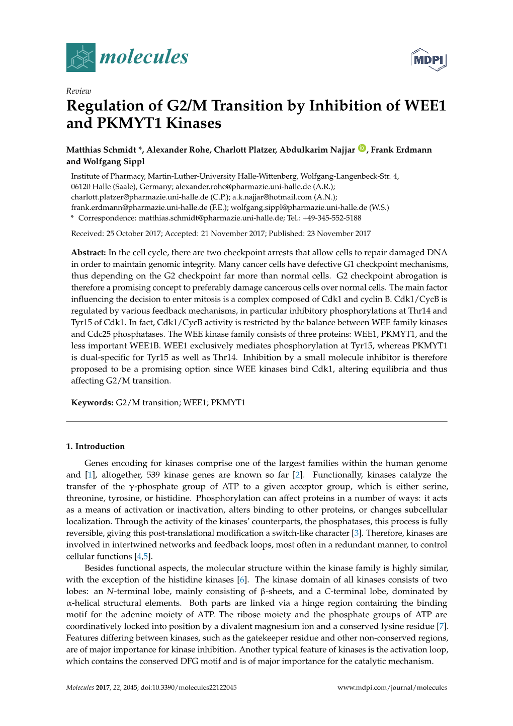 Regulation of G2/M Transition by Inhibition of WEE1 and PKMYT1 Kinases