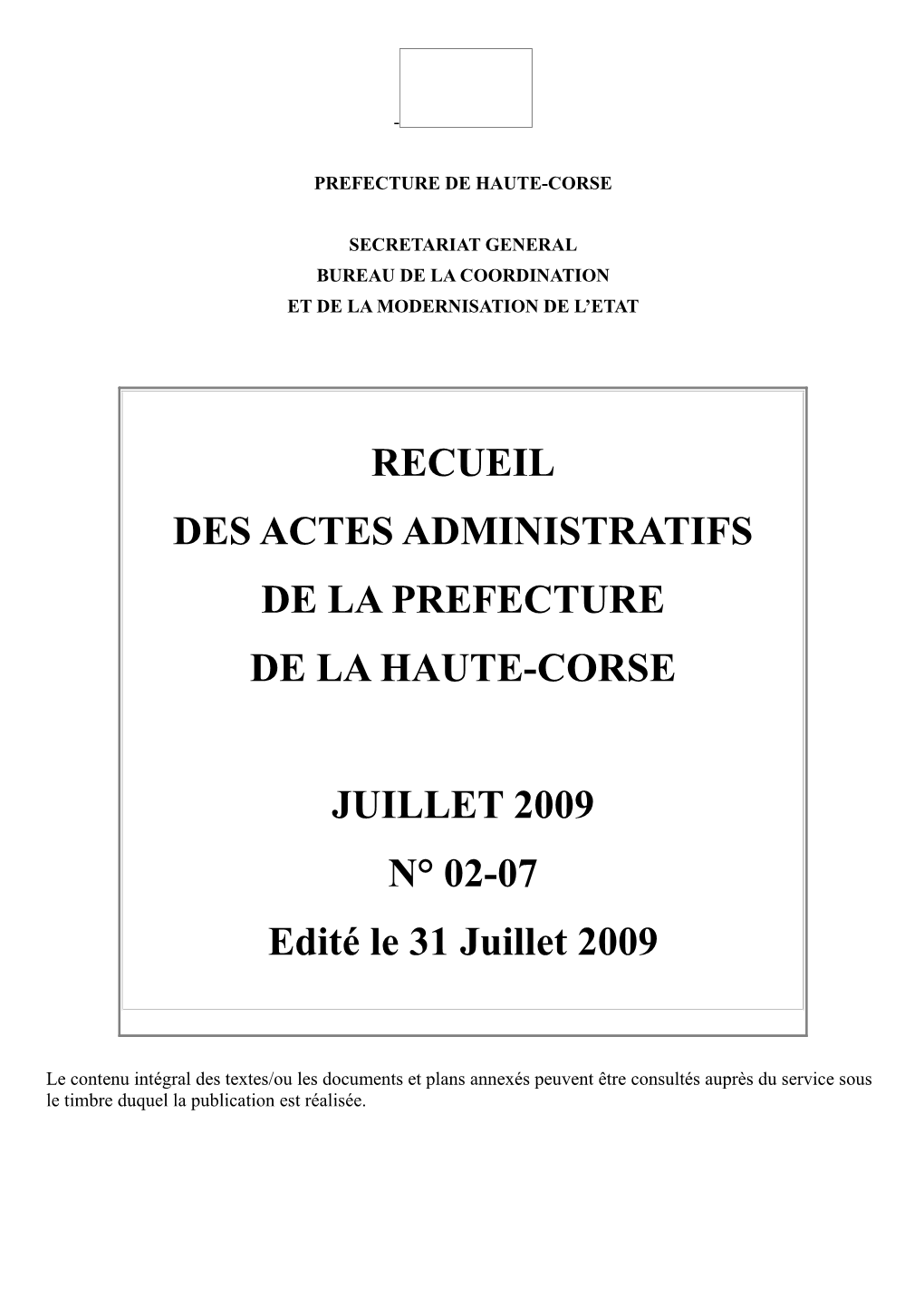 JUILLET 2009 N° 02-07 Edité Le 31 Juillet 2009