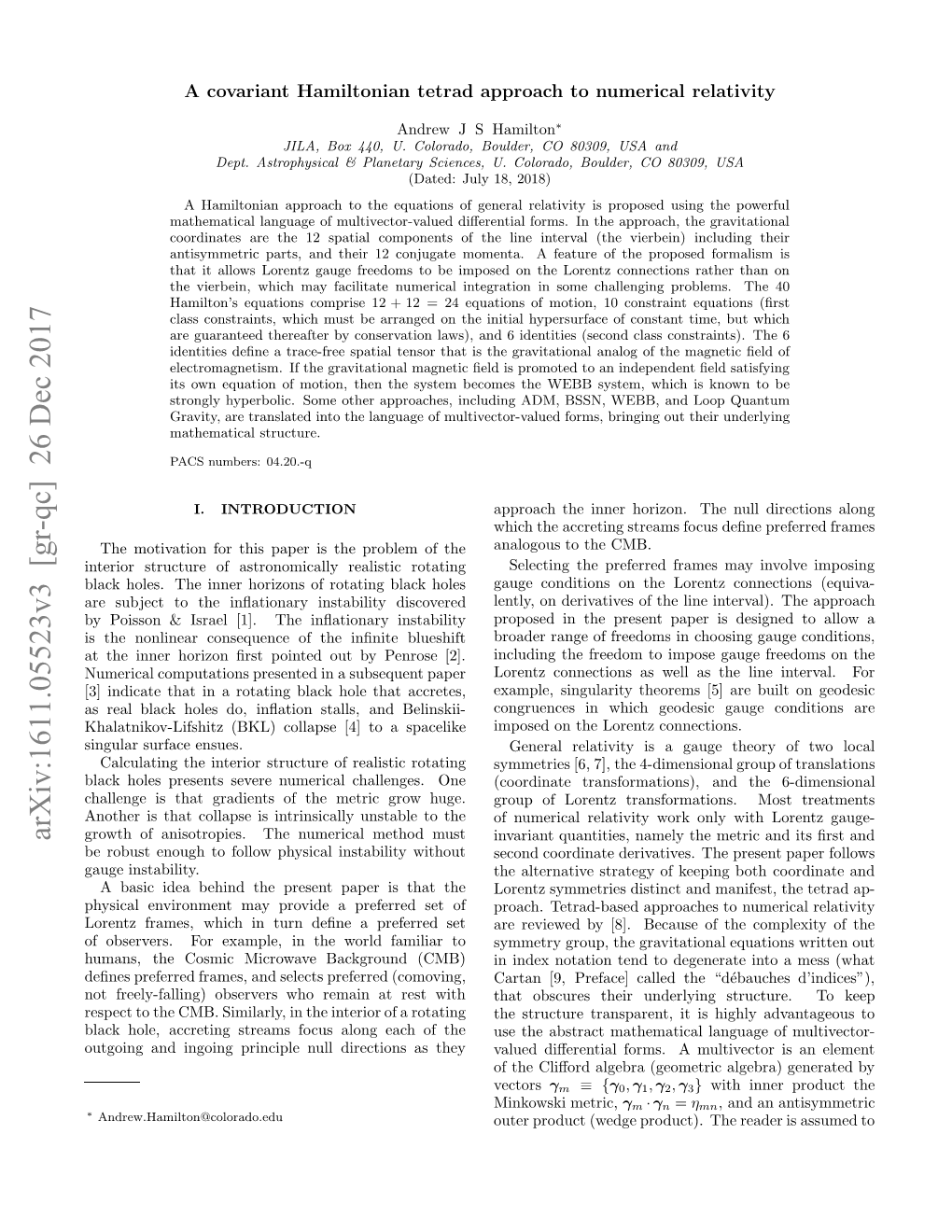 A Covariant Hamiltonian Tetrad Approach to Numerical Relativity