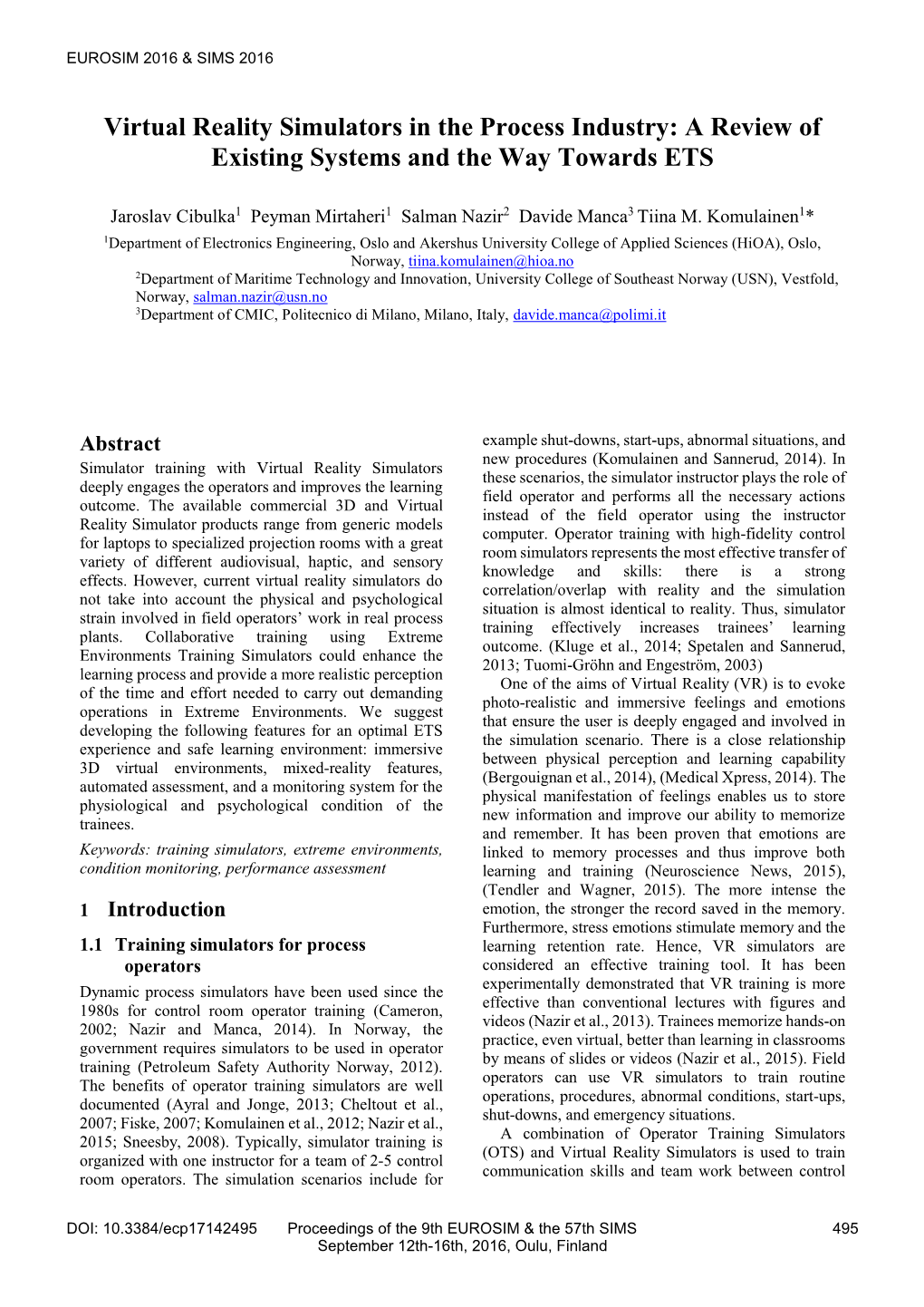 Virtual Reality Simulators in the Process Industry: a Review of Existing Systems and the Way Towards ETS