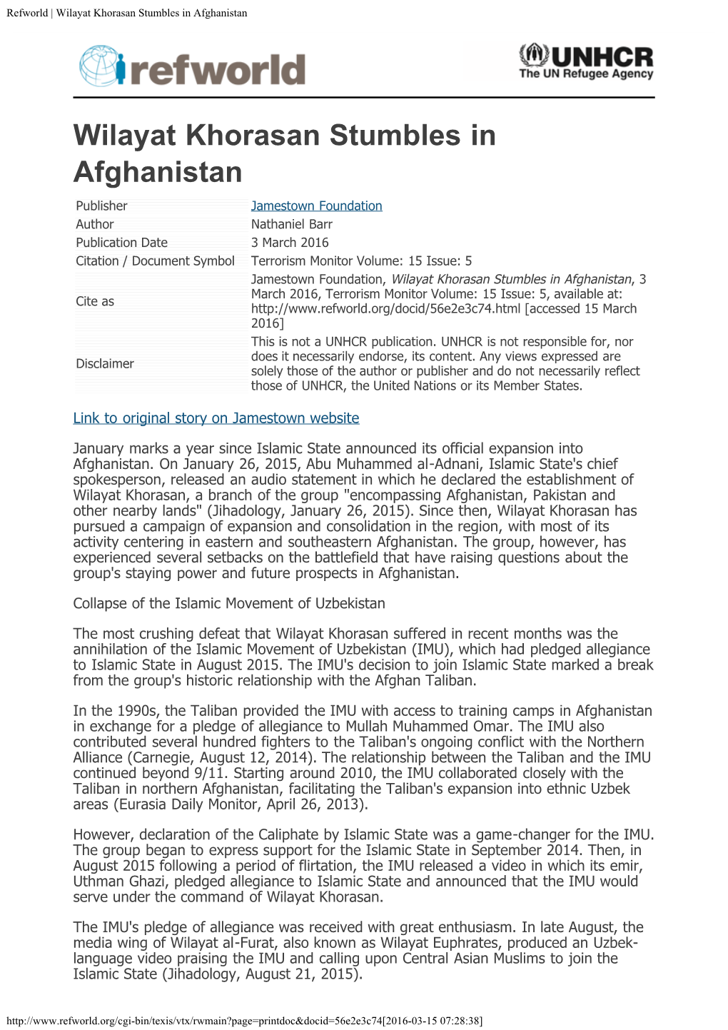 Refworld | Wilayat Khorasan Stumbles in Afghanistan