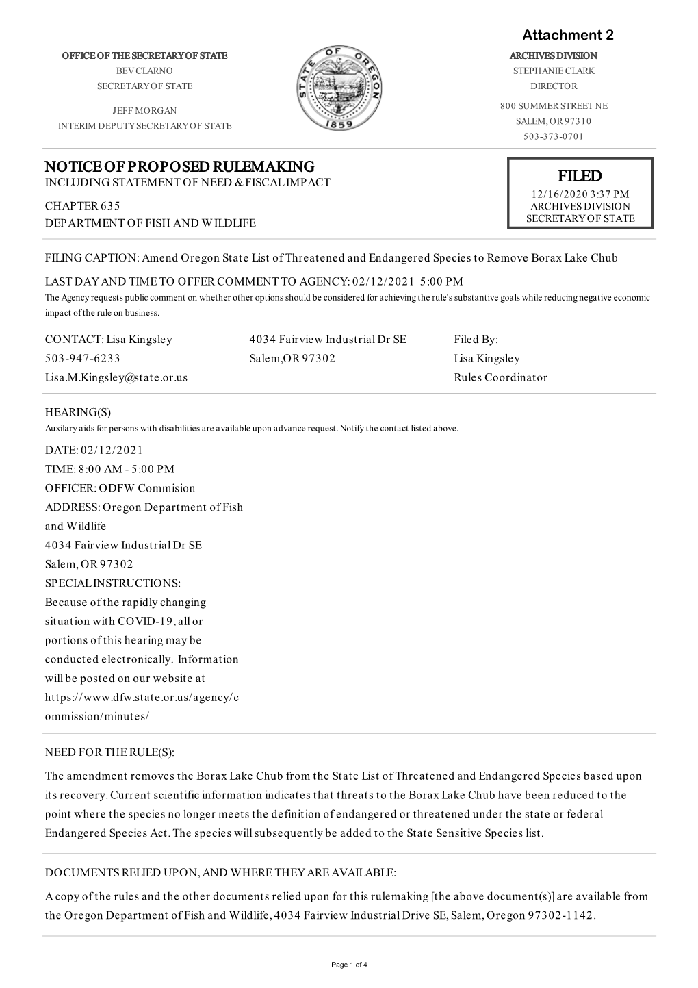 Attachment 2 Notice of Proposed Rulemaking Hearing And