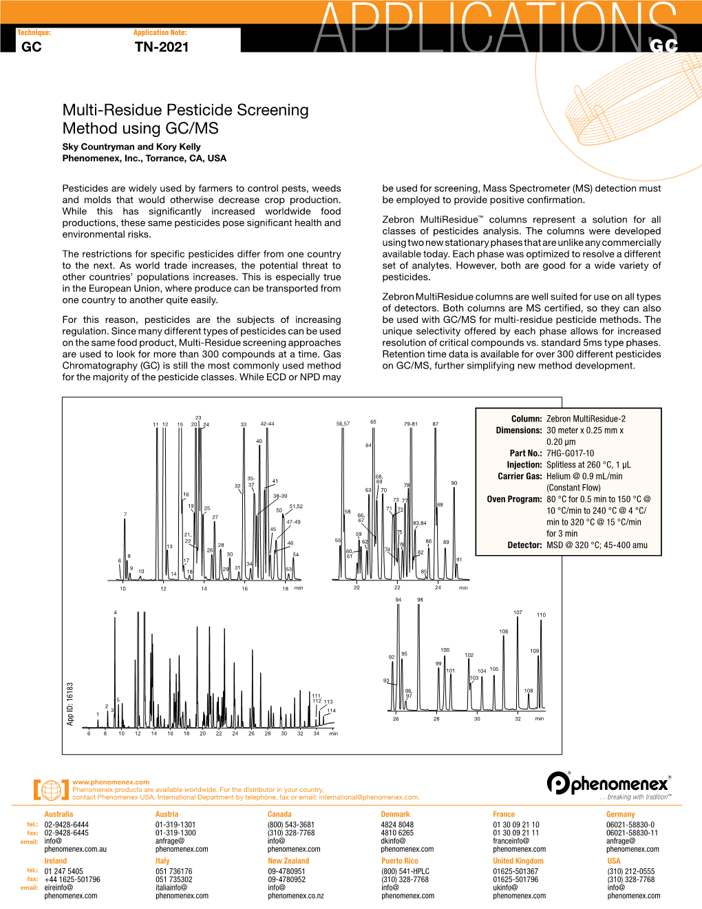 Multi-Residue Pesticide Screening Method Using GC/MS Sky Countryman and Kory Kelly Phenomenex, Inc., Torrance, CA, USA