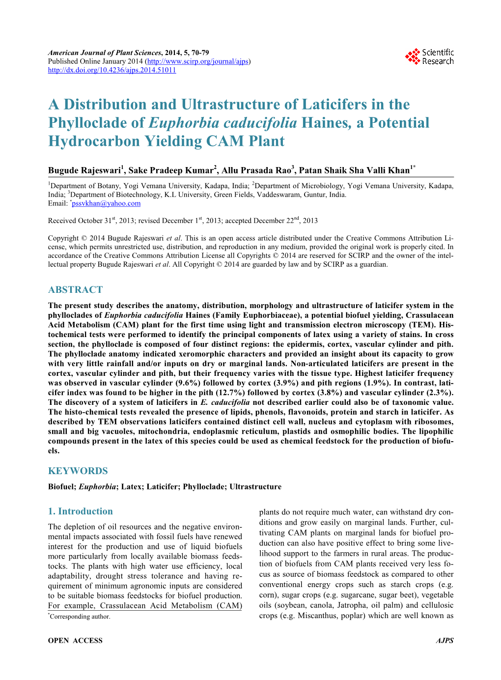 A Distribution and Ultrastructure of Laticifers in the Phylloclade of Euphorbia Caducifolia Haines, a Potential Hydrocarbon Yielding CAM Plant