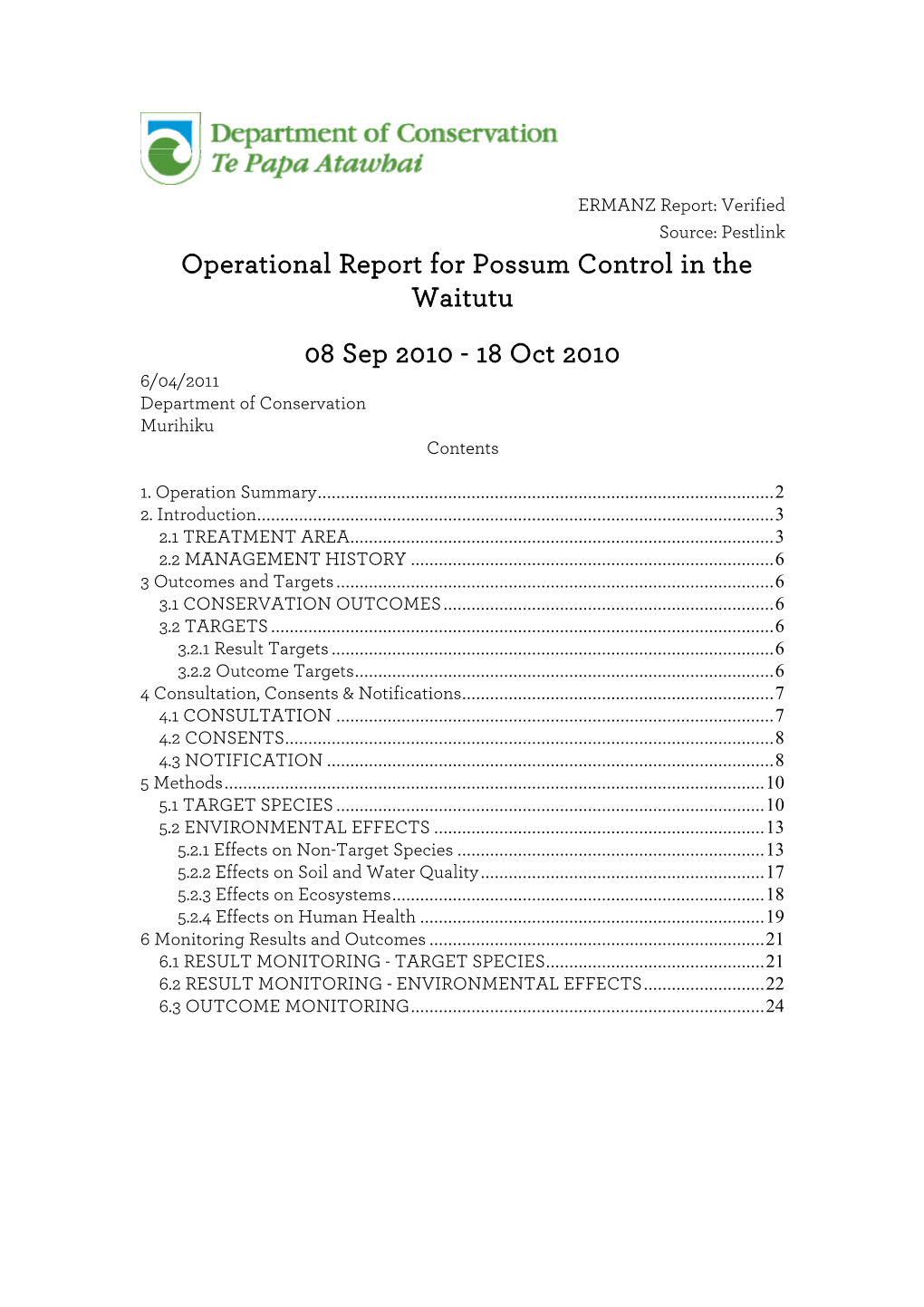 Operational Report for Possum Control in the Waitutu 08 Sep 2010