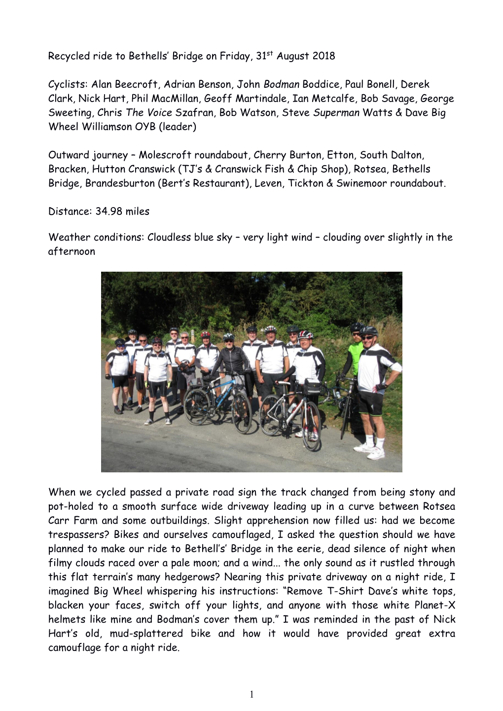 1 Recycled Ride to Bethells' Bridge on Friday, 31St