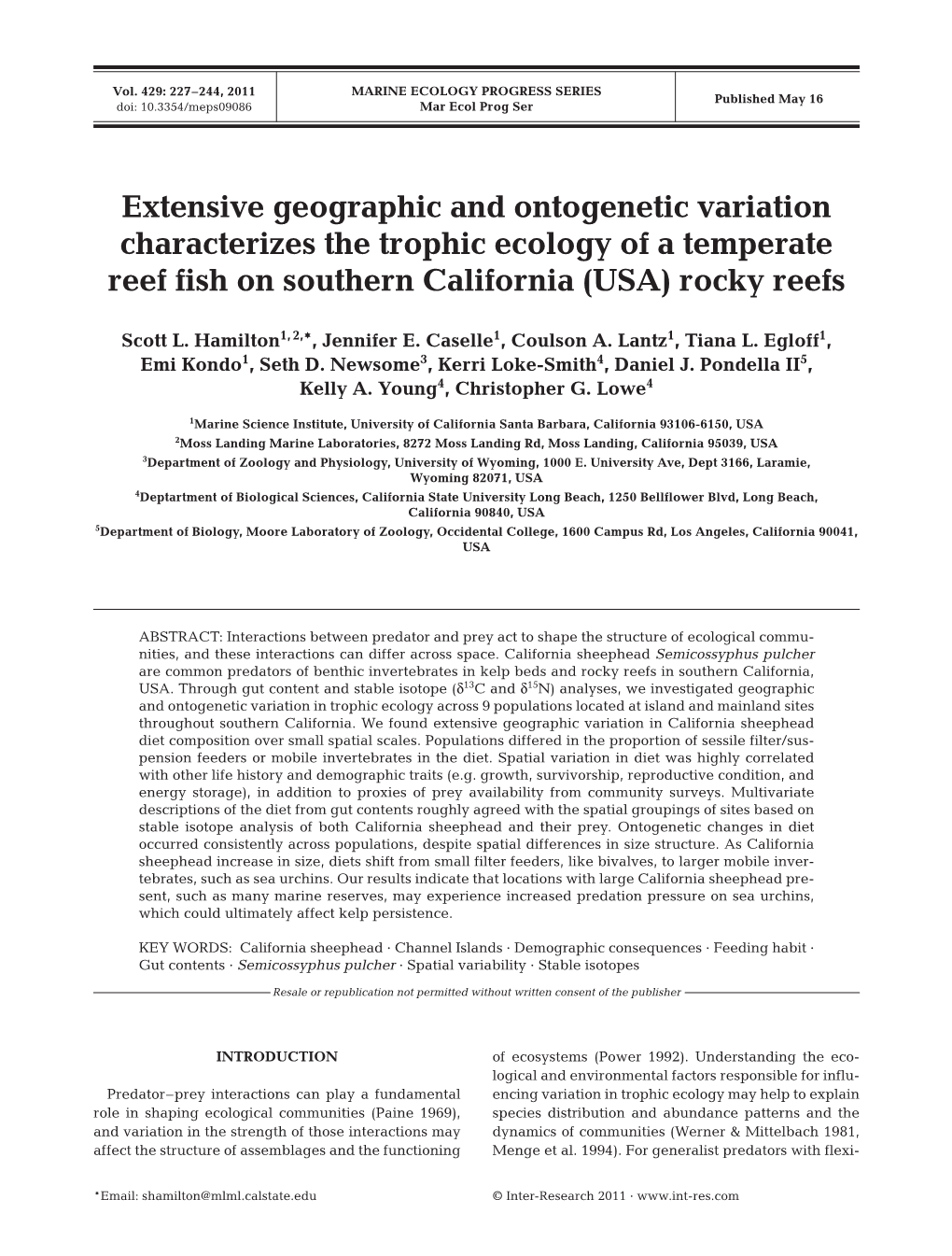 Extensive Geographic and Ontogenetic Variation Characterizes the Trophic Ecology of a Temperate Reef Fish on Southern California (USA) Rocky Reefs