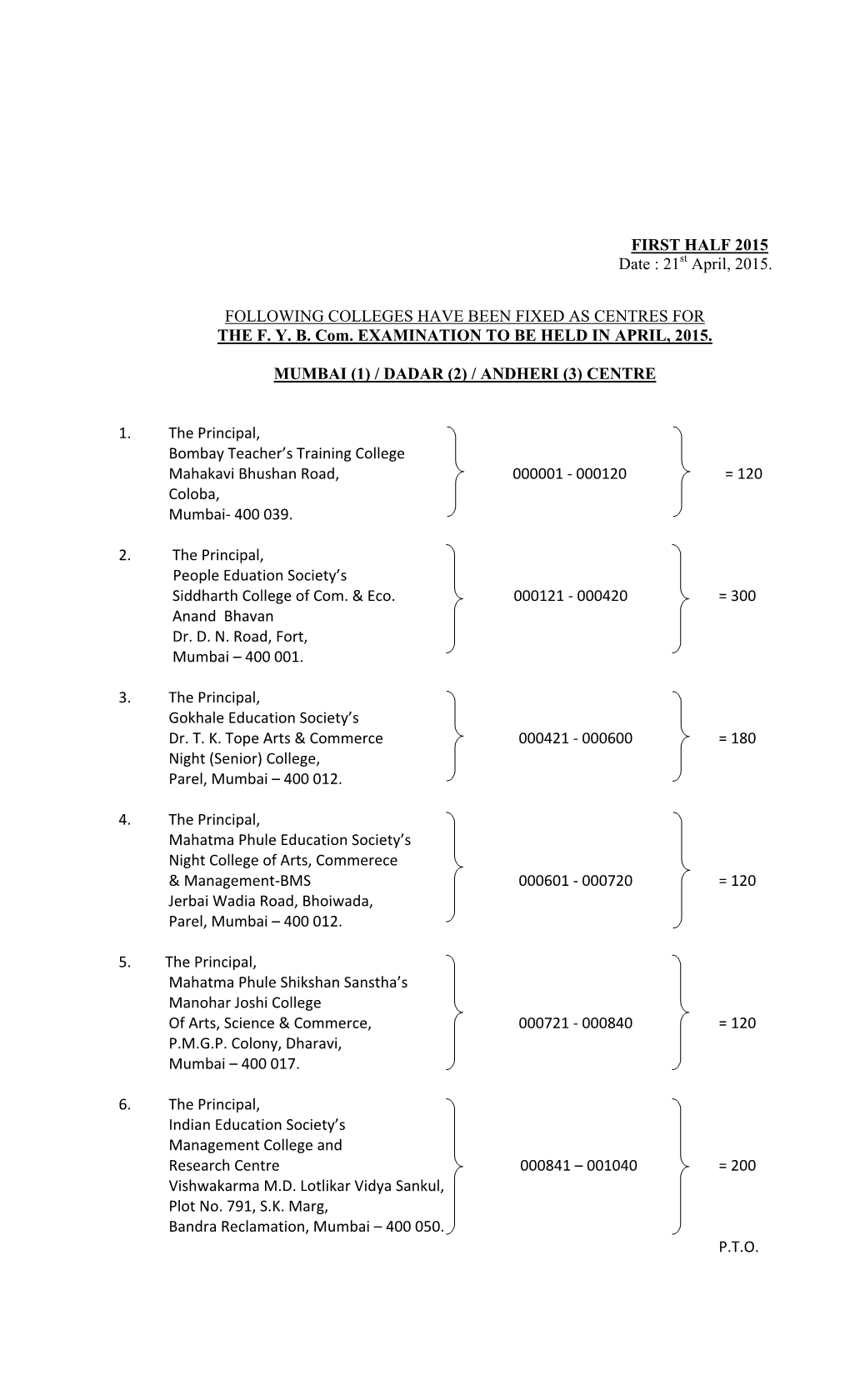 Centre List for F.Y.B.Com