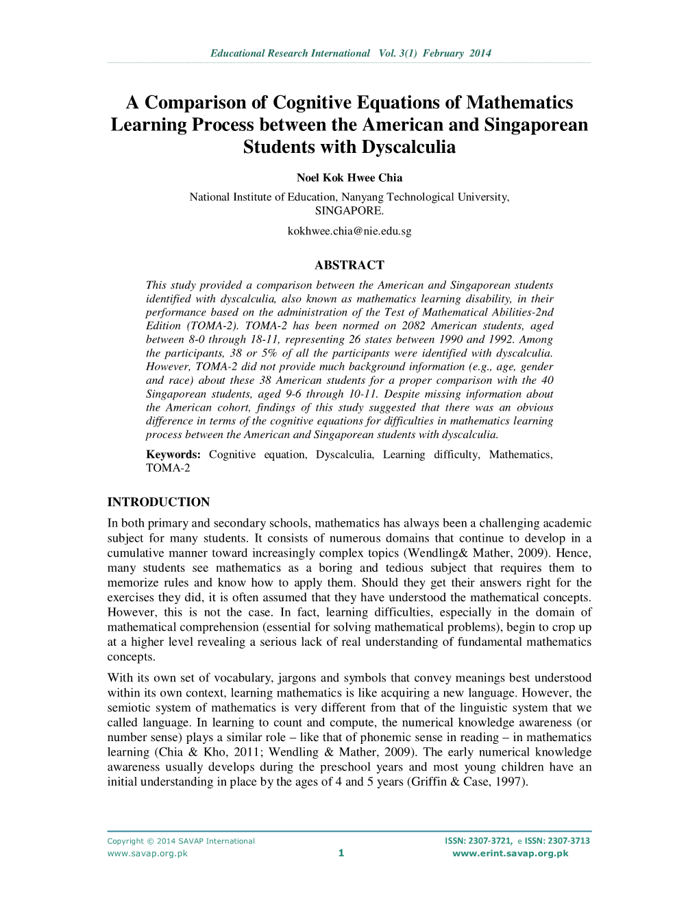 A Comparison of Cognitive Equations of Mathematics Learning Process Between the American and Singaporean Students with Dyscalculia