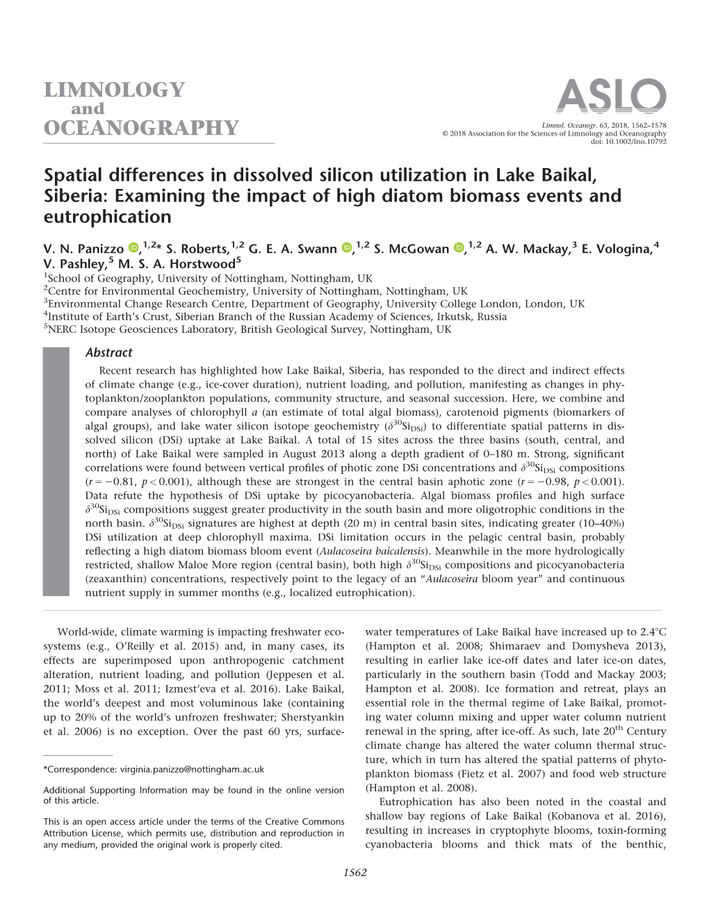 Spatial Differences in Dissolved Silicon Utilization in Lake Baikal, Siberia: Examining the Impact of High Diatom Biomass Events and Eutrophication