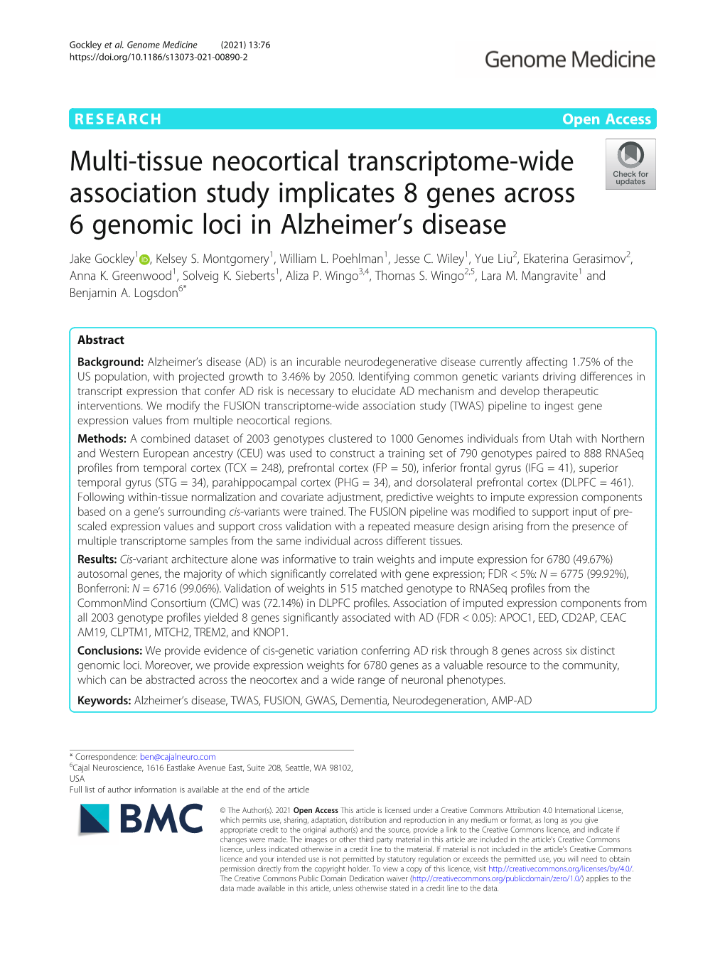 Multi-Tissue Neocortical Transcriptome-Wide Association Study Implicates 8 Genes Across 6 Genomic Loci in Alzheimer's Disease