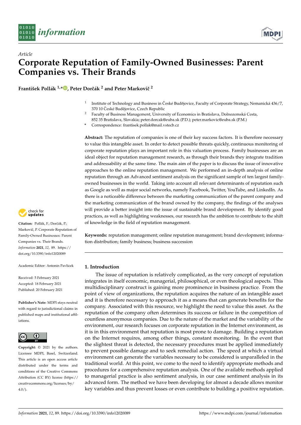 Corporate Reputation of Family-Owned Businesses: Parent Companies Vs