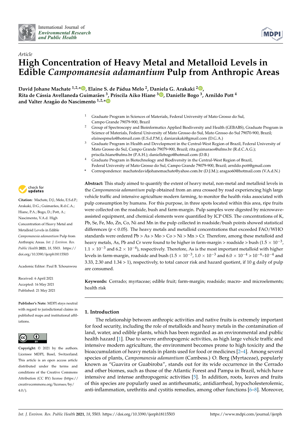 High Concentration of Heavy Metal and Metalloid Levels in Edible Campomanesia Adamantium Pulp from Anthropic Areas