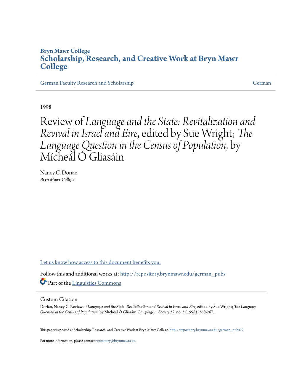 Review of Language and the State: Revitalization and Revival in Israel and Eire, Edited by Sue Wright