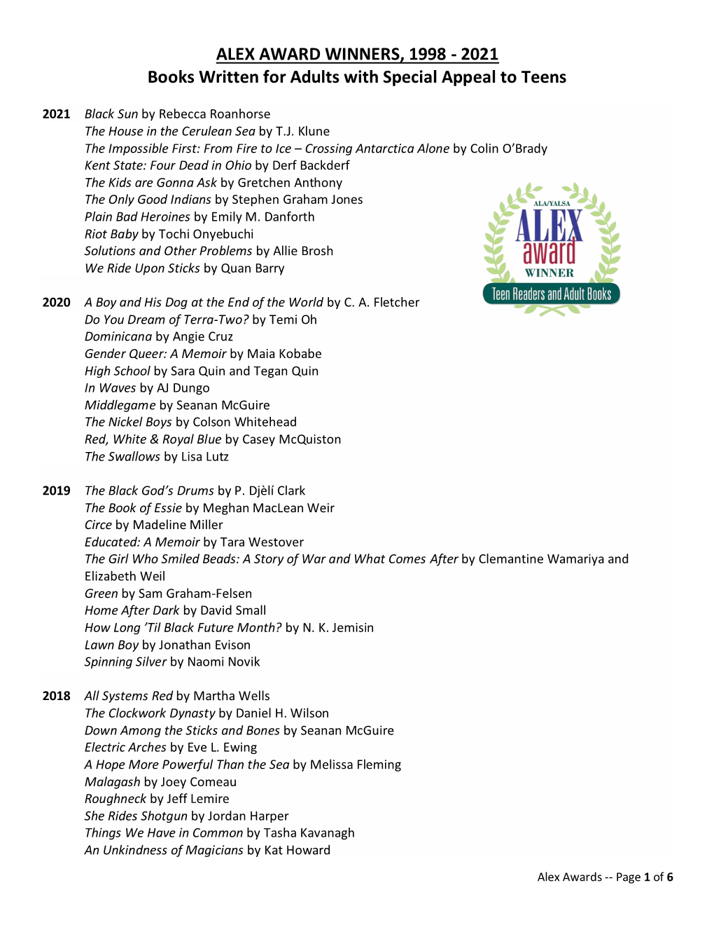 ALEX AWARD WINNERS, 1998 - 2021 Books Written for Adults with Special Appeal to Teens