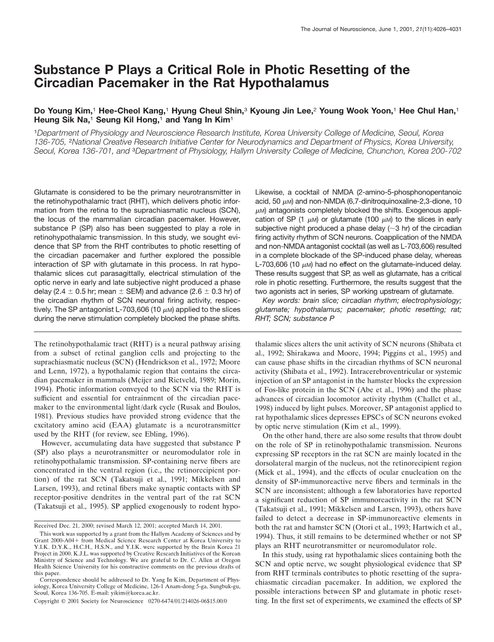 Substance P Plays a Critical Role in Photic Resetting of the Circadian Pacemaker in the Rat Hypothalamus