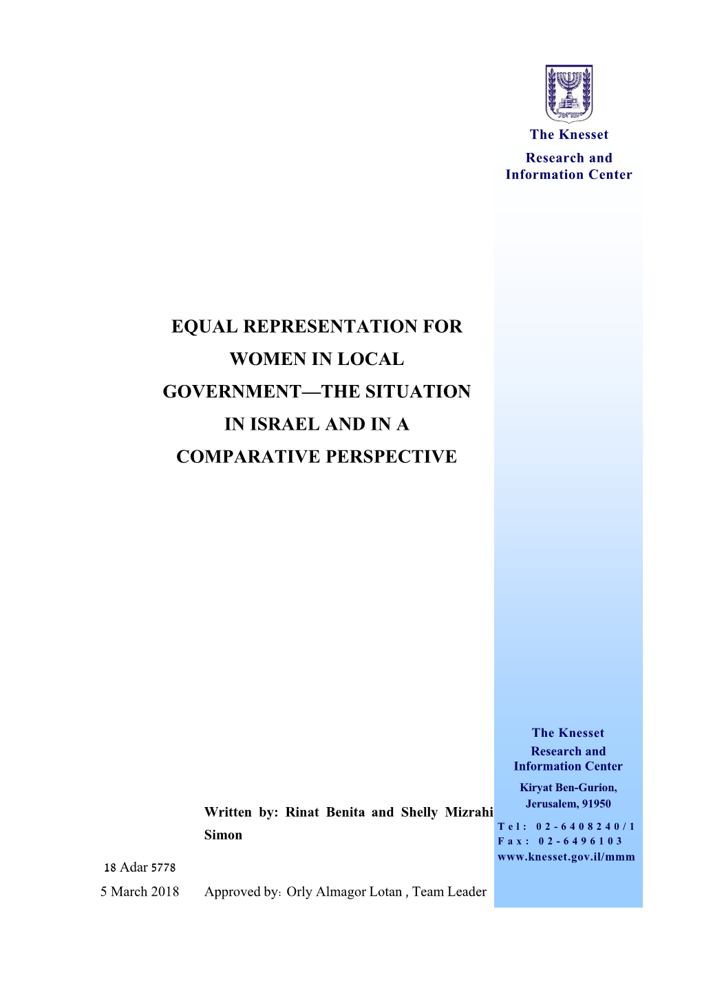 Equal Representation for Women in Local Government—The Situation in Israel and in A