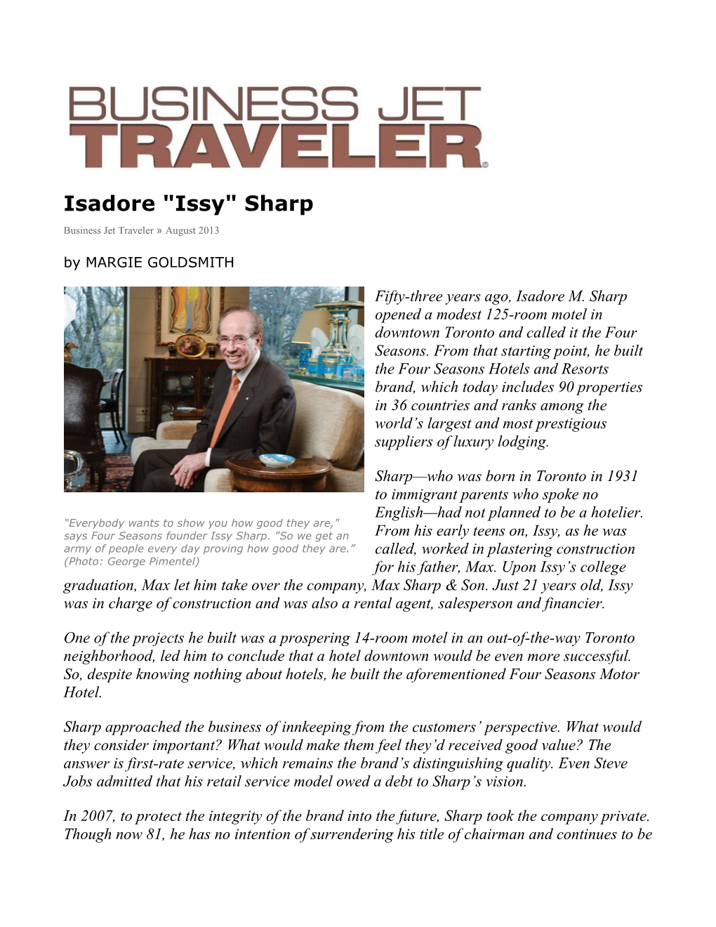Isadore "Issy" Sharp Business Jet Traveler » August 2013 by MARGIE GOLDSMITH