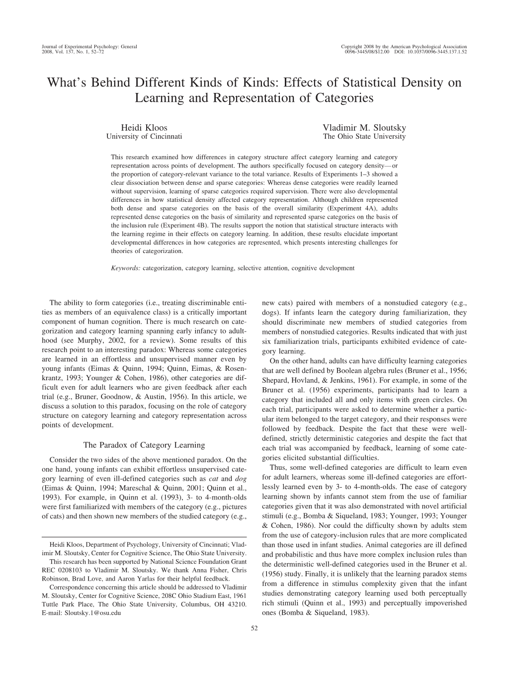 Effects of Statistical Density on Learning and Representation of Categories