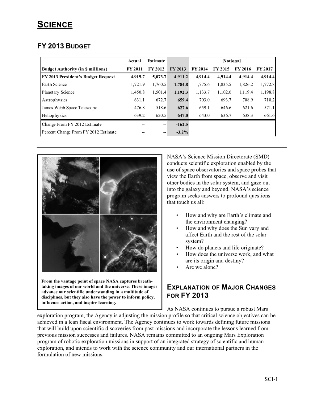 NASA FY13 Budget Estimates--Science Overview