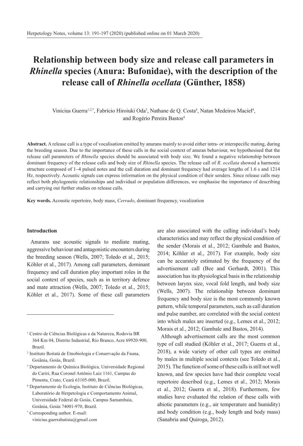 Relationship Between Body Size and Release Call Parameters in Rhinella