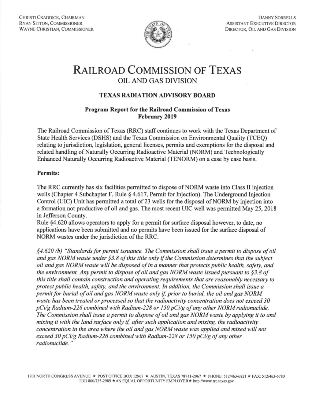 Program Report for the Railroad Commission of Texas February 2019