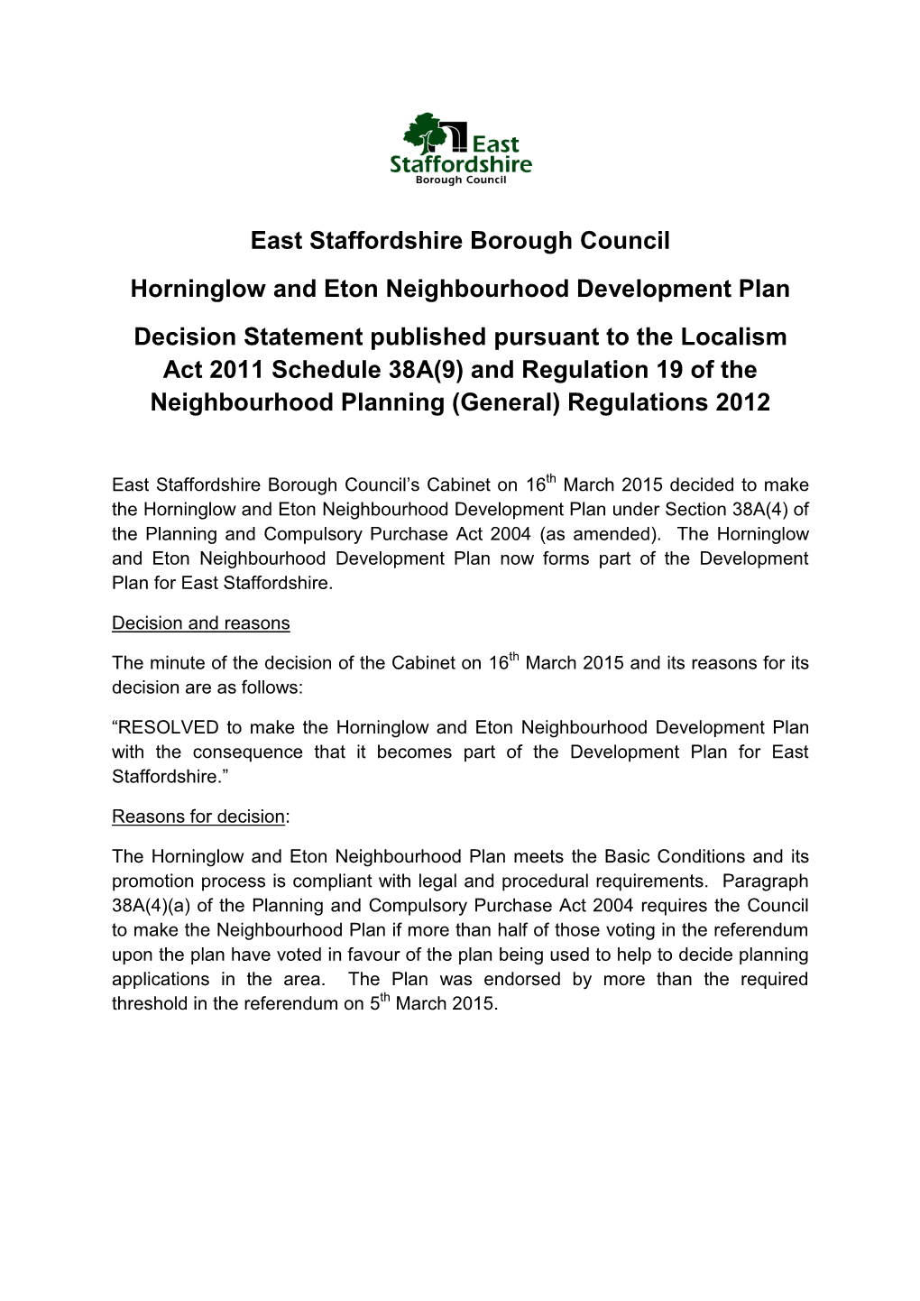 East Staffordshire Borough Council Horninglow and Eton