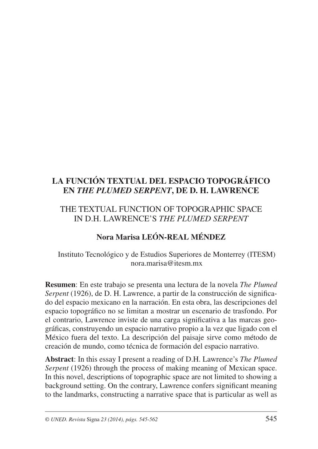 La Función Textual Del Espacio Topográfico En the Plumed Serpent, De D