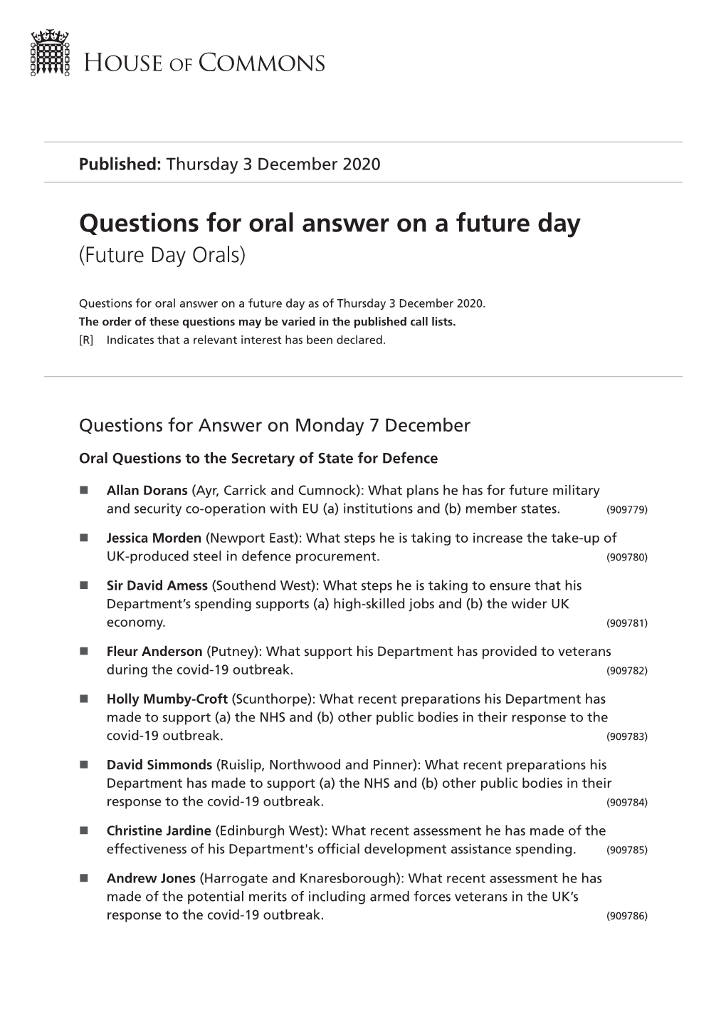 Questions for Oral Answer on a Future Day (Future Day Orals)