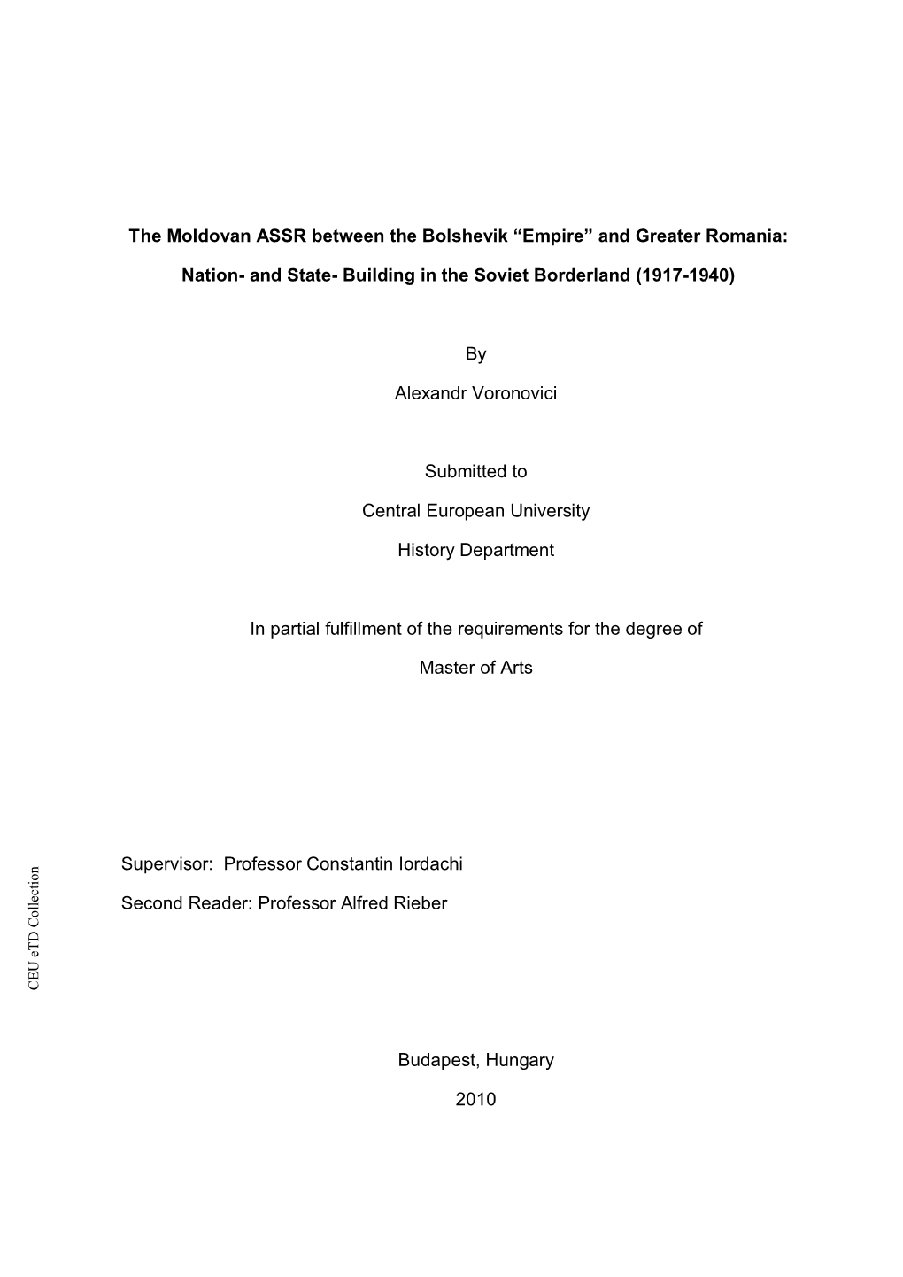 The Moldovan ASSR Between the Bolshevik “Empire” and Greater Romania