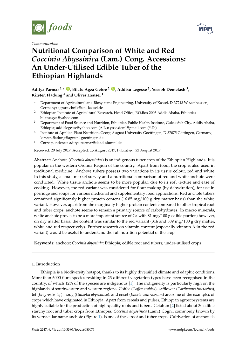 Nutritional Comparison of White and Red Coccinia Abyssinica (Lam.) Cong